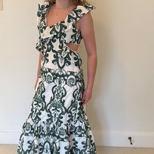 Women's Ocala Green Embroidered Ruffle Trim Cut Out Bodycon Maxi Dress XS